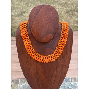 Vintage 1940's Handmade Bright Orange Beaded Collar Necklace Woven Various Size